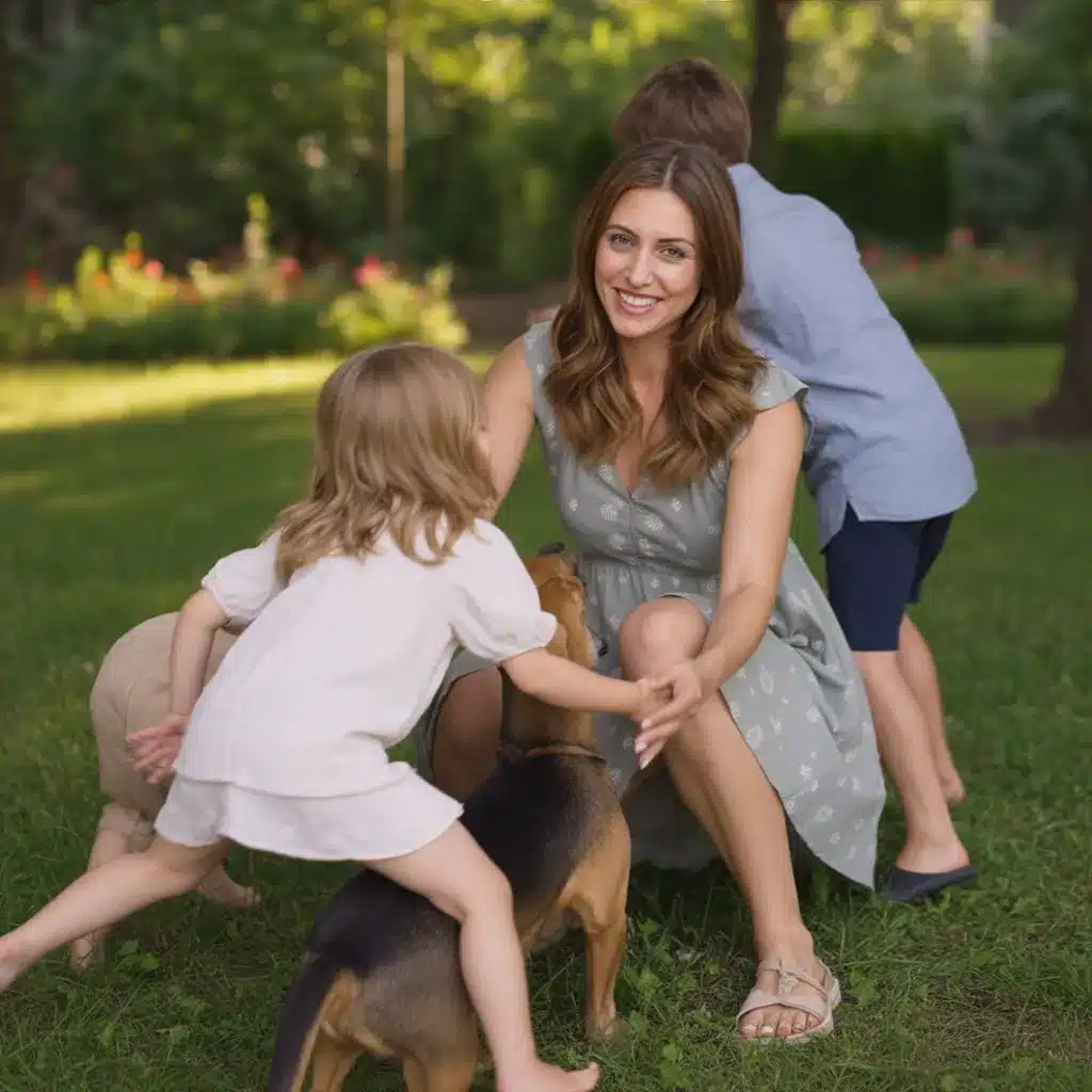 Emily playing outside in a sunny backyard with her children and dog — a family moment that reflects the joyful home life inspiring the easy recipes for kids and kid friendly recipes she shares on NumNumRecipes