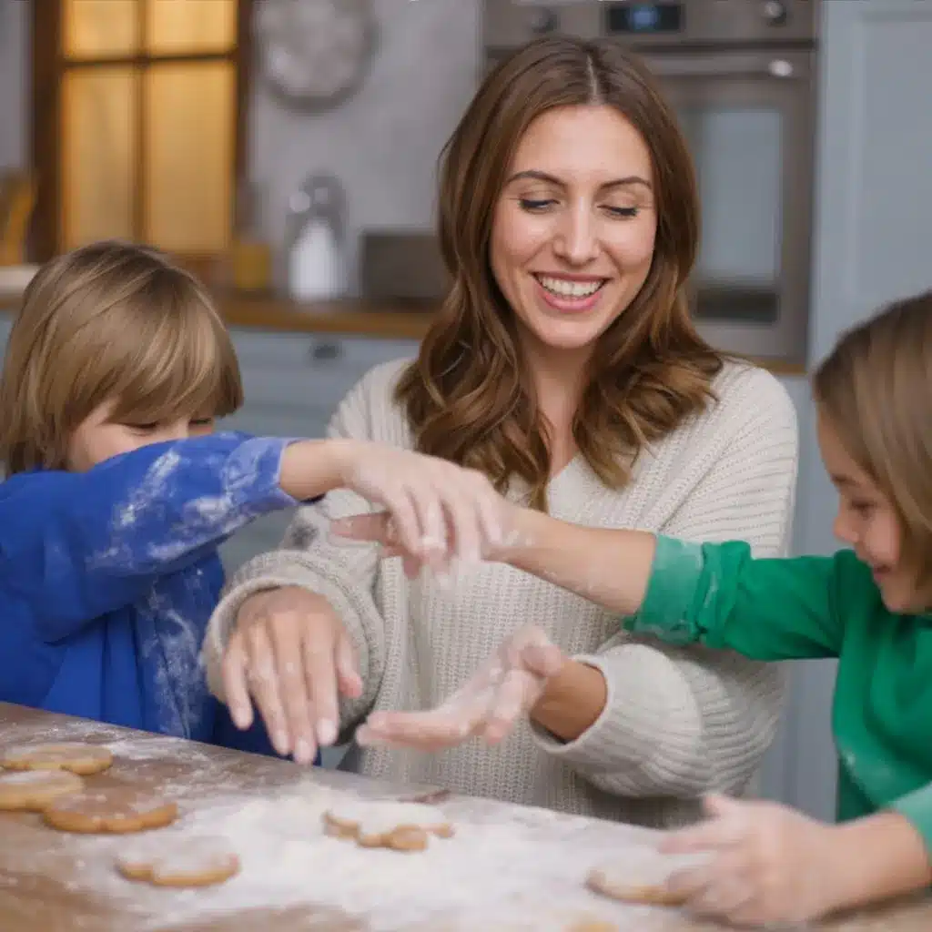 Emily baking cookies in a bright kitchen with her children — a fun family moment that inspires the easy meals for kids and kid friendly recipes she creates for NumNumRecipes.