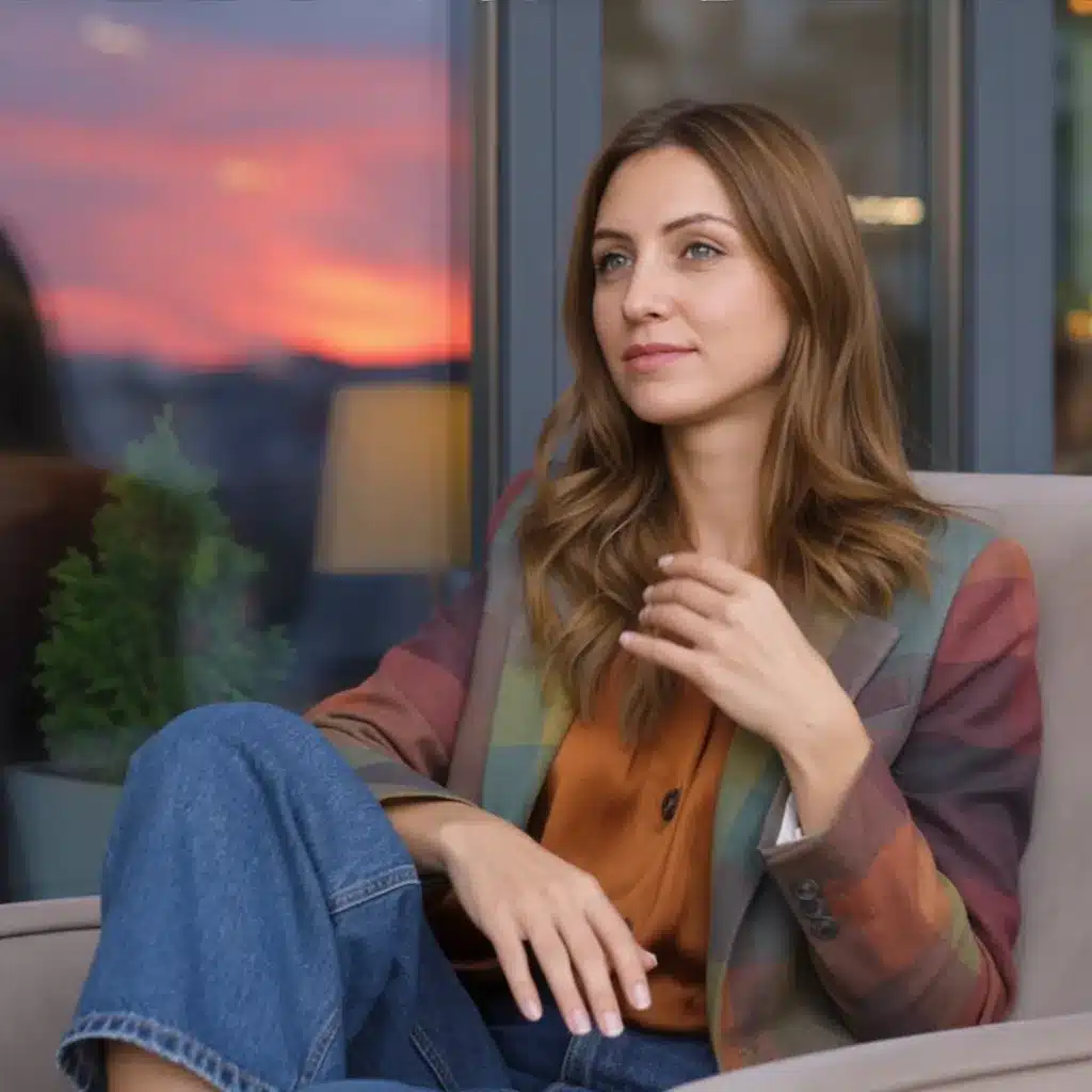 Emily sitting alone in a cozy café at sunset — a quiet moment where she gathers ideas for NumNumRecipes and the healthy recipes for kids she shares with families.