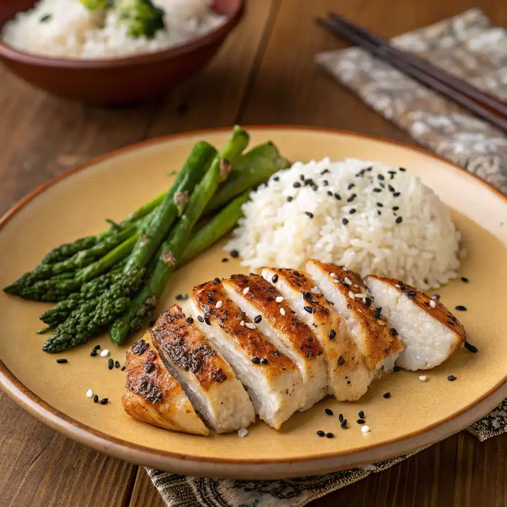 grilled chicken and rice served on a warm plate — a cozy, wholesome meal for happy family dinners.
