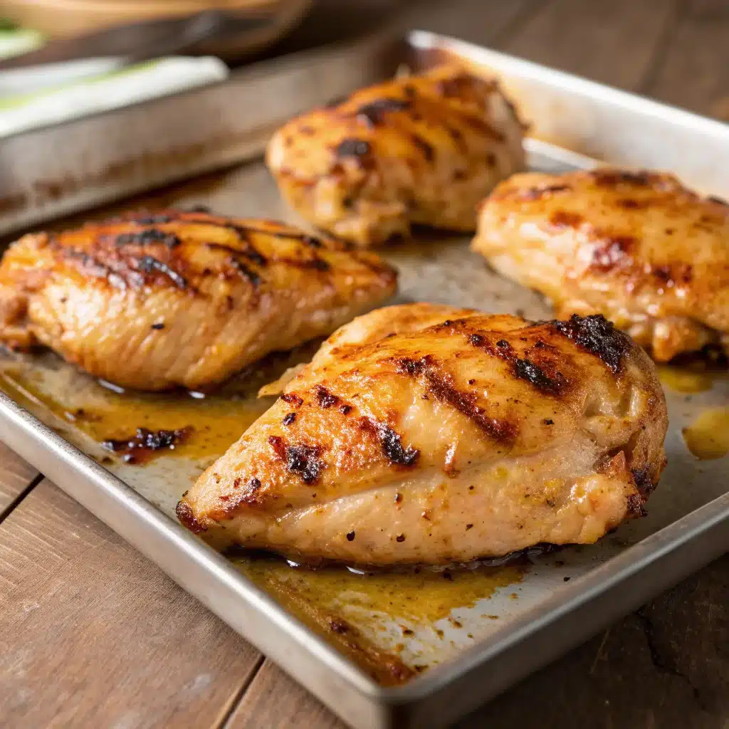 Golden grilled chicken pieces with visible grill marks resting on a metal tray, tender and juicy with a light glaze — part of the grilled chicken and rice recipe.