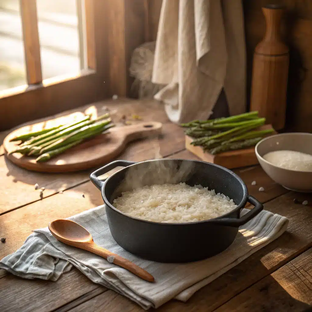 Half-filled black cast-iron pot of fluffy rice steaming on a rustic wooden table, with uncooked green asparagus and utensils beside it — part of the grilled chicken and rice recipe.