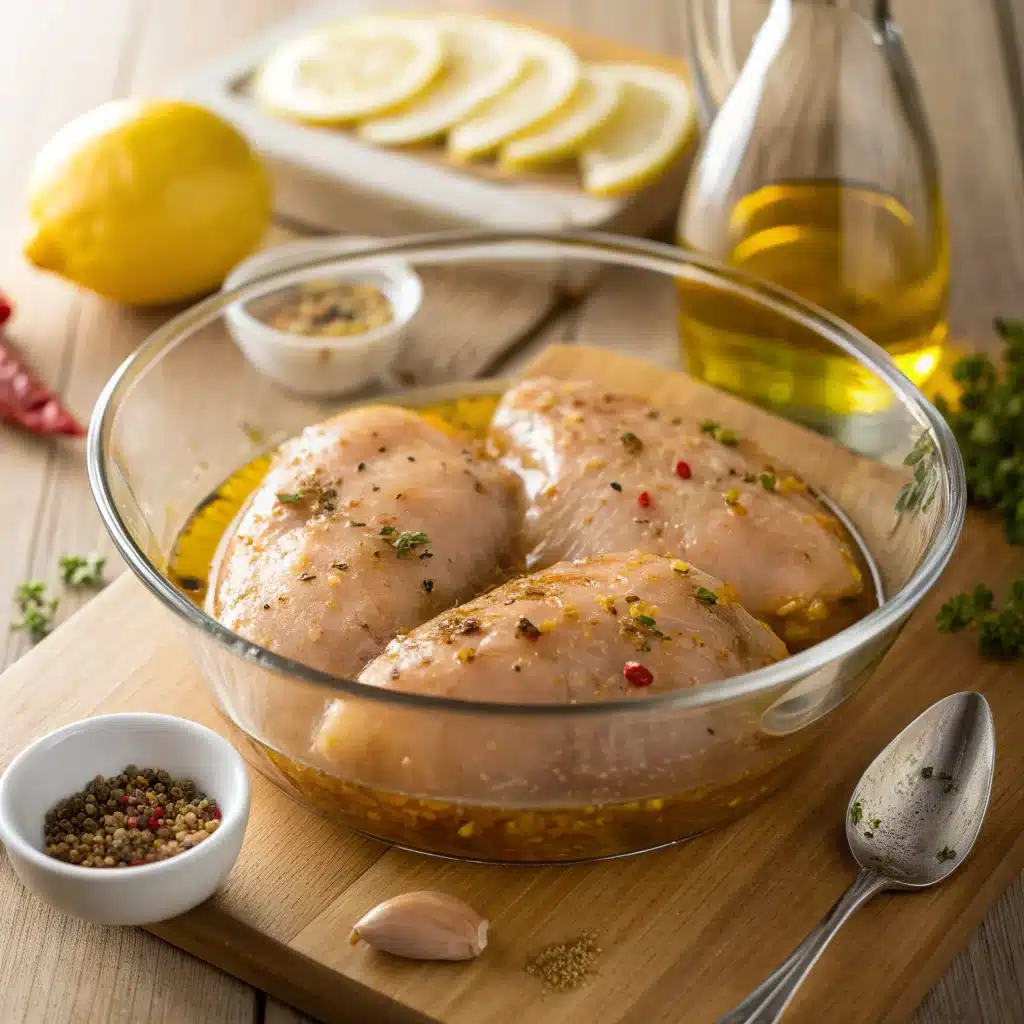 Four raw chicken breasts marinating in a golden mustard-lemon-garlic sauce inside a ceramic bowl, surrounded by fresh ingredients — preparation for grilled chicken and rice.