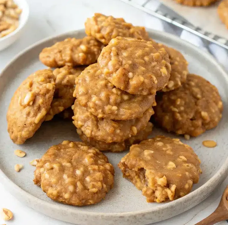 No bake peanut butter oatmeal cookies arranged on a plate, soft and chewy, with oats and chocolate drizzle visible.